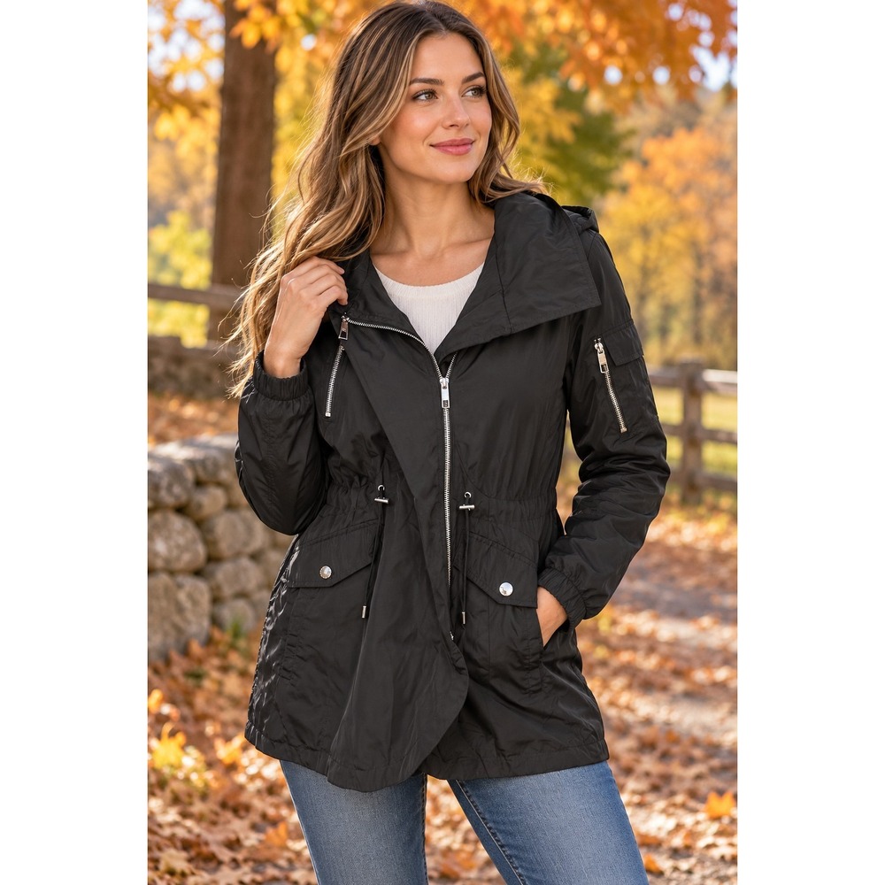 French Connection Women's S Black Hooded Utility Parka Jacket Zip Pockets -2454